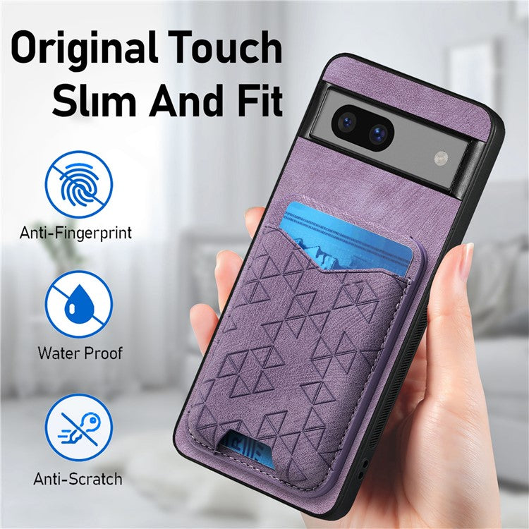 For Google Pixel 7a Case Imprinted Pattern Card Holder Kickstand Leather Back Cover - Purple
