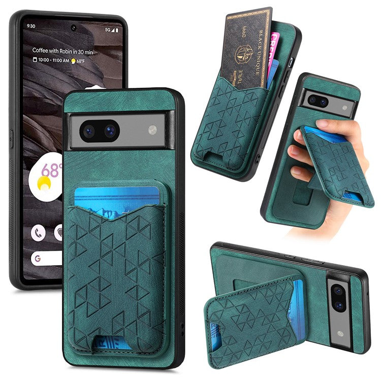For Google Pixel 7a Case Imprinted Pattern Card Holder Kickstand Leather Back Cover - Green
