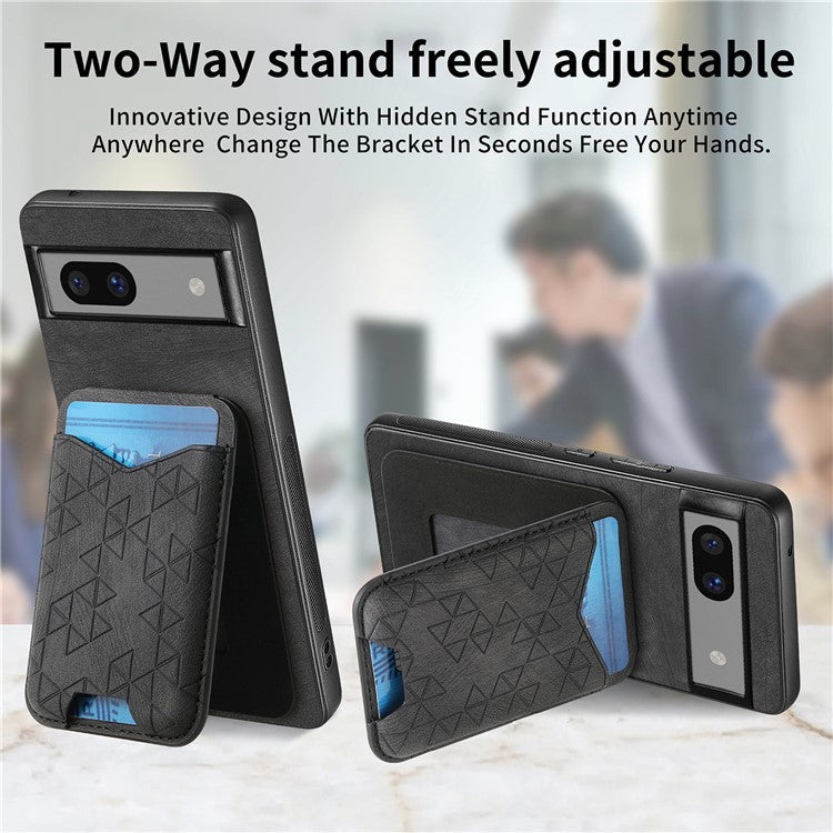 For Google Pixel 7a Case Imprinted Pattern Card Holder Kickstand Leather Back Cover - Black