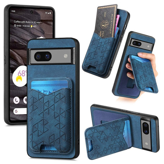 For Google Pixel 7a Case Imprinted Pattern Card Holder Kickstand Leather Back Cover - Blue