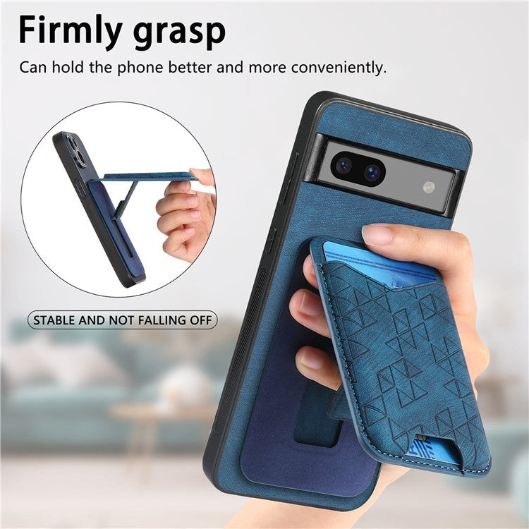 For Google Pixel 7a Case Imprinted Pattern Card Holder Kickstand Leather Back Cover - Blue