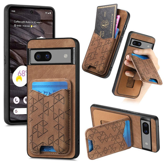 For Google Pixel 7a Case Imprinted Pattern Card Holder Kickstand Leather Back Cover - Brown