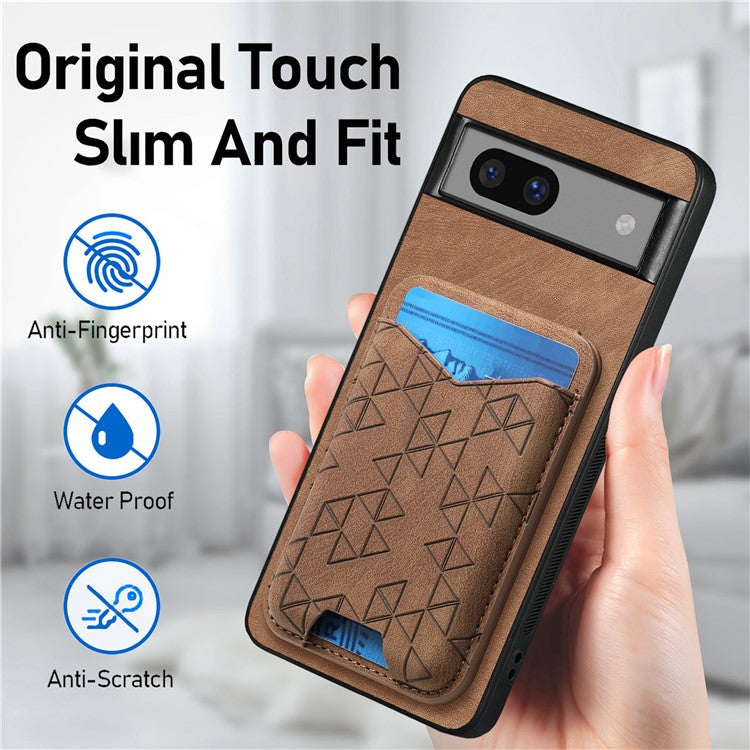 For Google Pixel 7a Case Imprinted Pattern Card Holder Kickstand Leather Back Cover - Brown