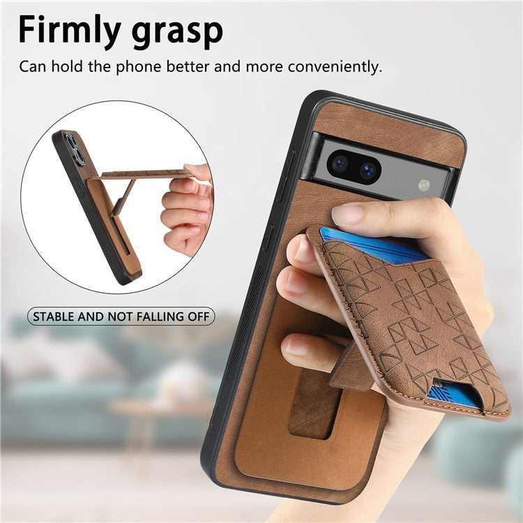 For Google Pixel 7a Case Imprinted Pattern Card Holder Kickstand Leather Back Cover - Brown