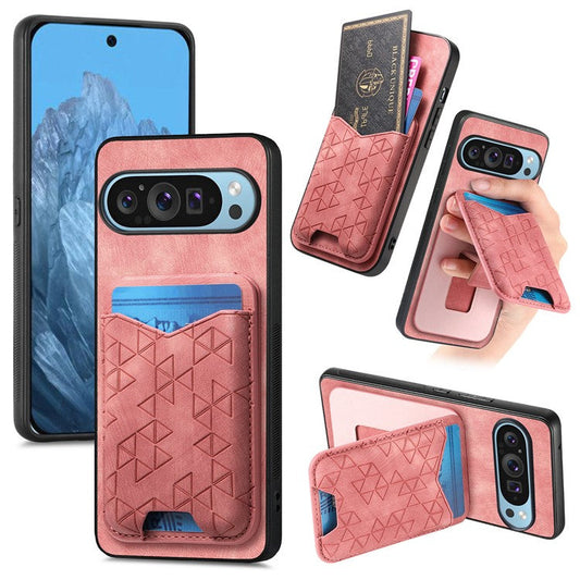 For Google Pixel 9 Pro XL Case Imprinted Pattern Card Holder Kickstand Leather Back Cover - Pink
