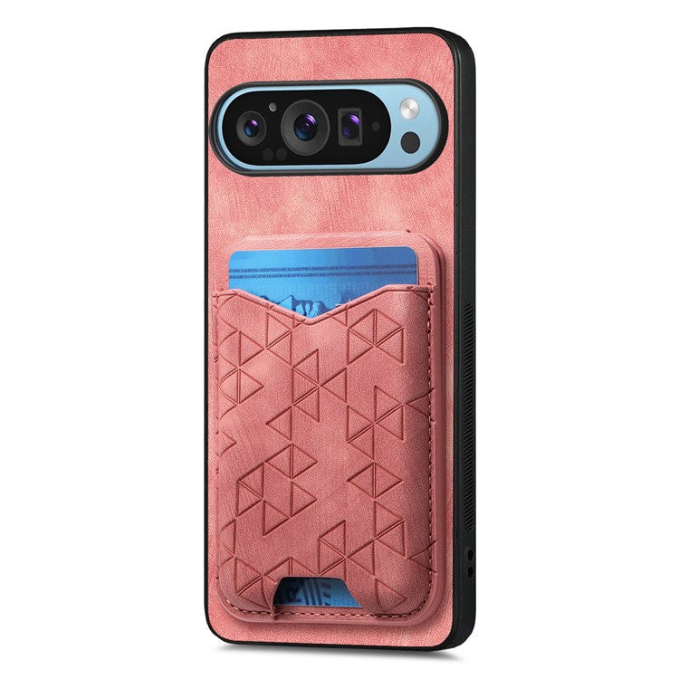 For Google Pixel 9 Pro XL Case Imprinted Pattern Card Holder Kickstand Leather Back Cover - Pink