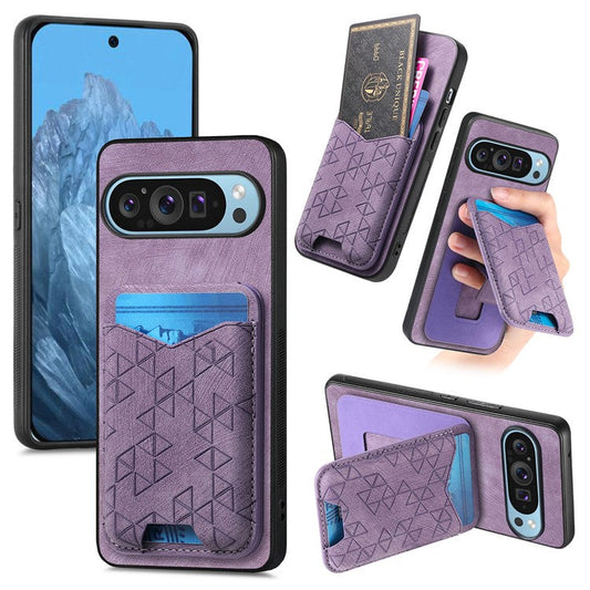 For Google Pixel 9 Pro XL Case Imprinted Pattern Card Holder Kickstand Leather Back Cover - Purple