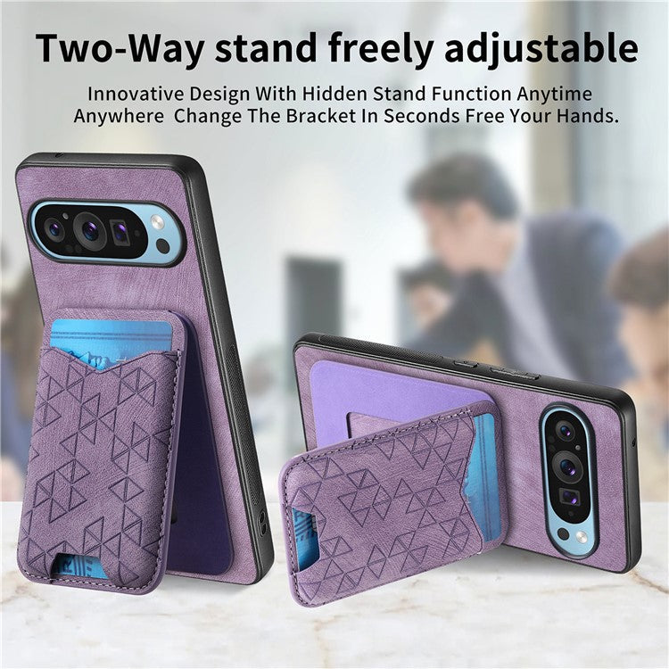 For Google Pixel 9 Pro XL Case Imprinted Pattern Card Holder Kickstand Leather Back Cover - Purple