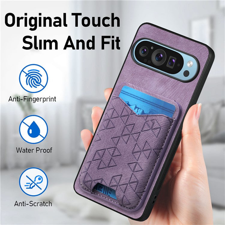 For Google Pixel 9 Pro XL Case Imprinted Pattern Card Holder Kickstand Leather Back Cover - Purple