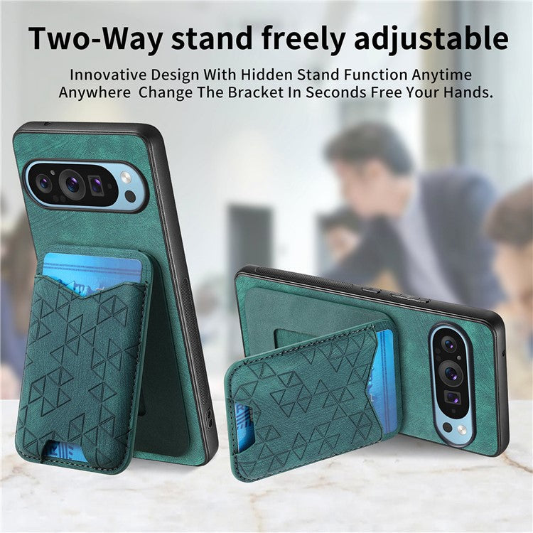 For Google Pixel 9 Pro XL Case Imprinted Pattern Card Holder Kickstand Leather Back Cover - Green