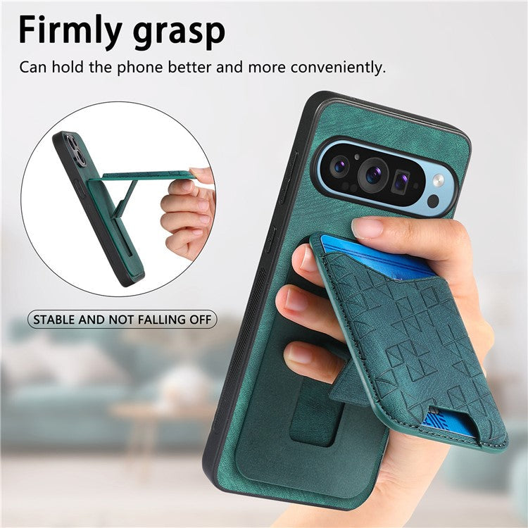 For Google Pixel 9 Pro XL Case Imprinted Pattern Card Holder Kickstand Leather Back Cover - Green