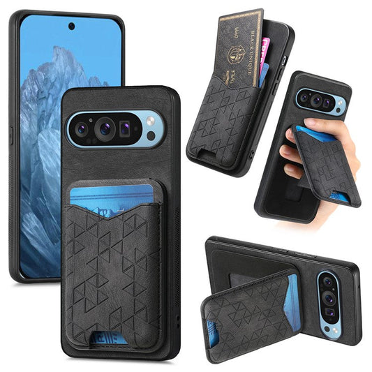 For Google Pixel 9 Pro XL Case Imprinted Pattern Card Holder Kickstand Leather Back Cover - Black