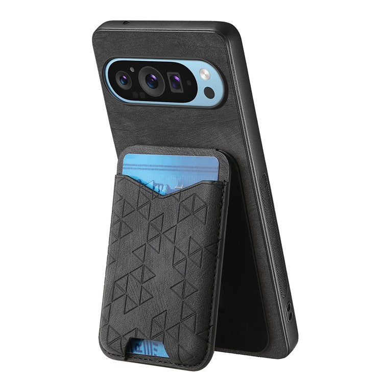 For Google Pixel 9 Pro XL Case Imprinted Pattern Card Holder Kickstand Leather Back Cover - Black