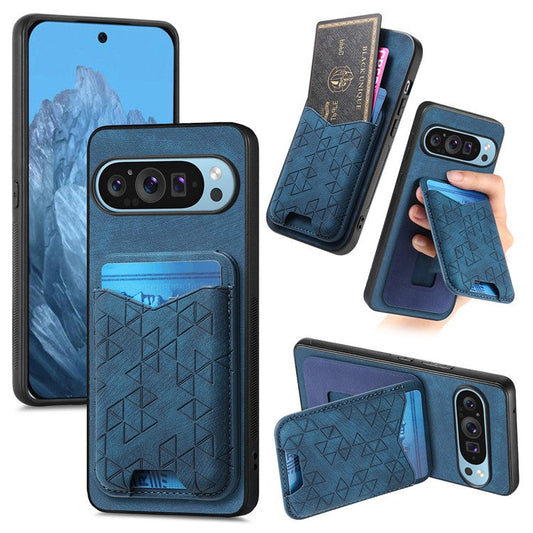 For Google Pixel 9 Pro XL Case Imprinted Pattern Card Holder Kickstand Leather Back Cover - Blue