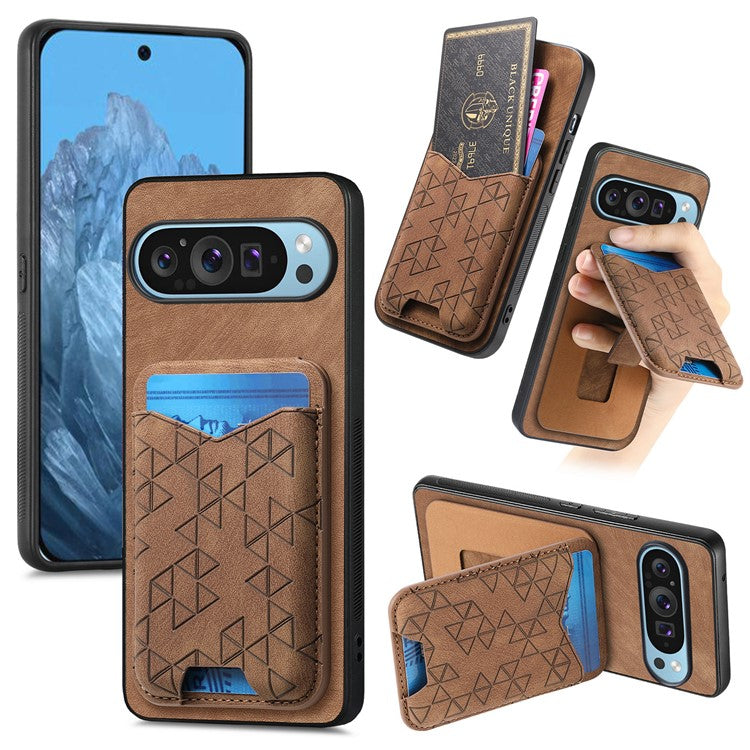 For Google Pixel 9 Pro XL Case Imprinted Pattern Card Holder Kickstand Leather Back Cover - Brown