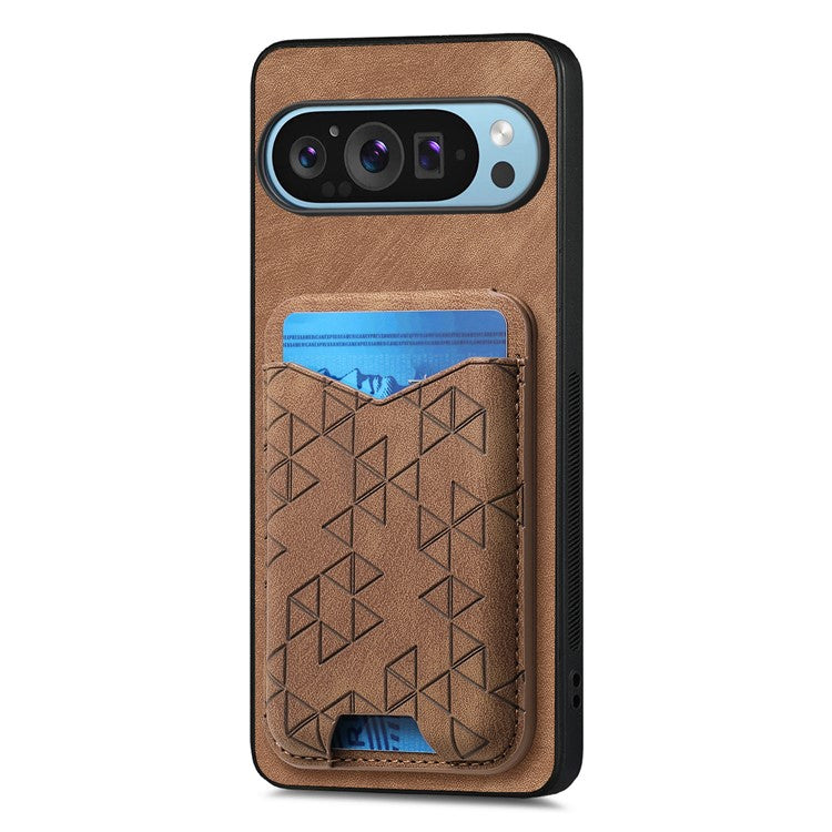 For Google Pixel 9 Pro XL Case Imprinted Pattern Card Holder Kickstand Leather Back Cover - Brown
