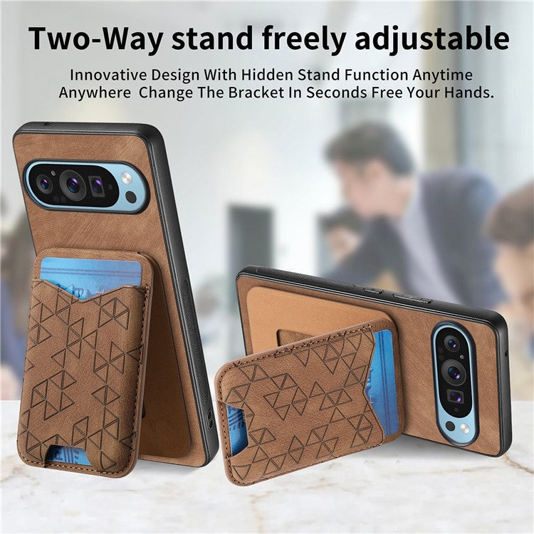 For Google Pixel 9 Pro XL Case Imprinted Pattern Card Holder Kickstand Leather Back Cover - Brown