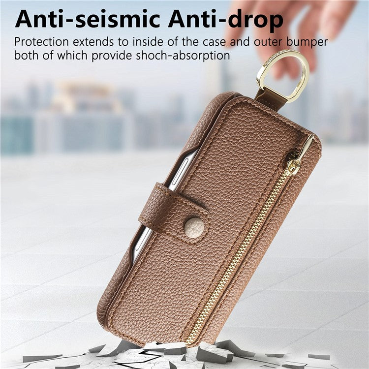 For iPhone 16 Plus Case RFID Blocking Zipper Wallet PU Leather Mobile Cover - Brown