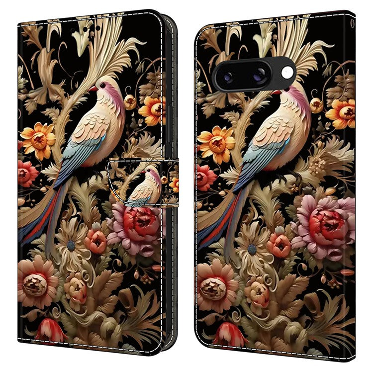 For Google Pixel 9a Case PU Leather Wallet Phone Cover with Stand - Vintage Flower and Bird