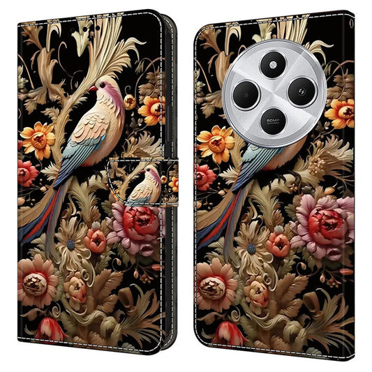 PU Leather Case For Xiaomi Redmi 14C 4G / 14R 5G / Poco C75 4G Wallet Phone Cover with Stand - Vintage Flower and Bird