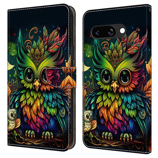 For Google Pixel 9a Case Pattern Printed Protective Cover TPU+PU Leather Flip Phone Case - Colorful Owl