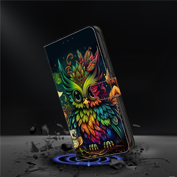For Google Pixel 9a Case Pattern Printed Protective Cover TPU+PU Leather Flip Phone Case - Colorful Owl