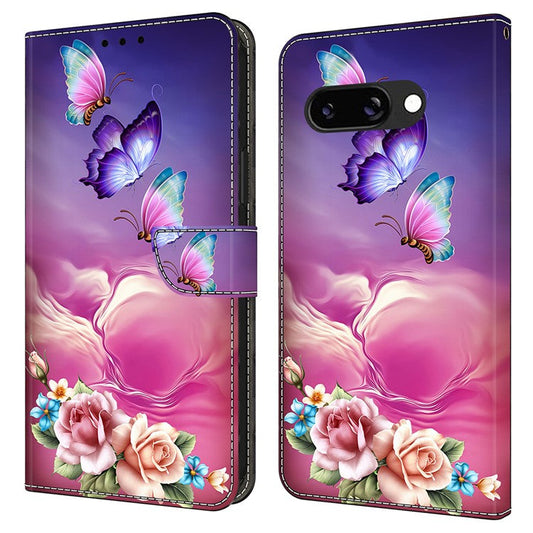 For Google Pixel 9a Case Pattern Printed Protective Cover TPU+PU Leather Flip Phone Case - Butterfly Flower