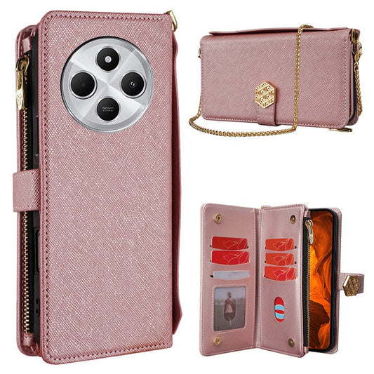 Case For Xiaomi Redmi 14C 4G / 14R 5G / Poco C75 4G Cross Texture PU Leather+TPU Wallet Phone Cover with Strap - Rose Gold