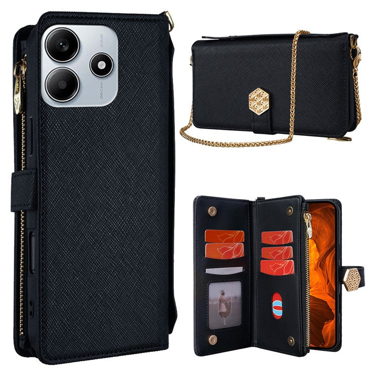 For Xiaomi Redmi Note 14 5G Case Cross Texture PU Leather+TPU Wallet Phone Cover with Strap - Black