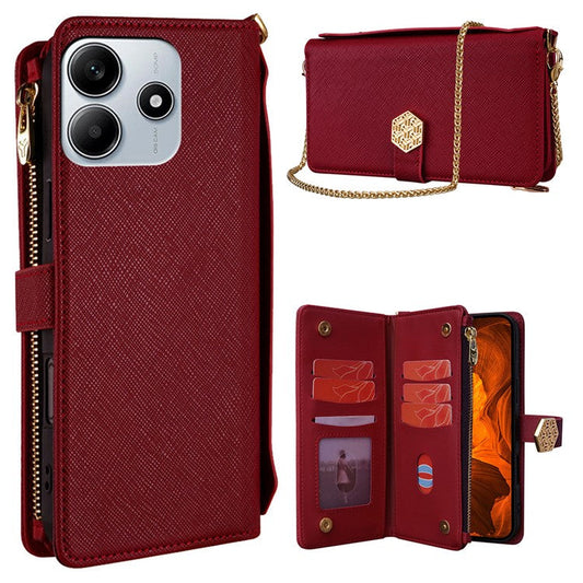 For Xiaomi Redmi Note 14 5G Case Cross Texture PU Leather+TPU Wallet Phone Cover with Strap - Red