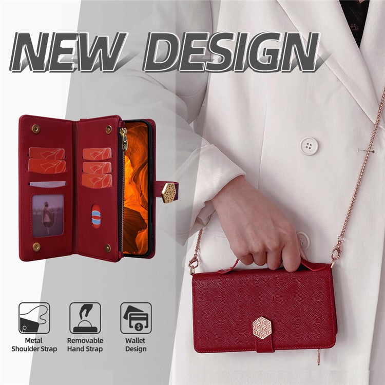 For Xiaomi Redmi Note 14 5G Case Cross Texture PU Leather+TPU Wallet Phone Cover with Strap - Red