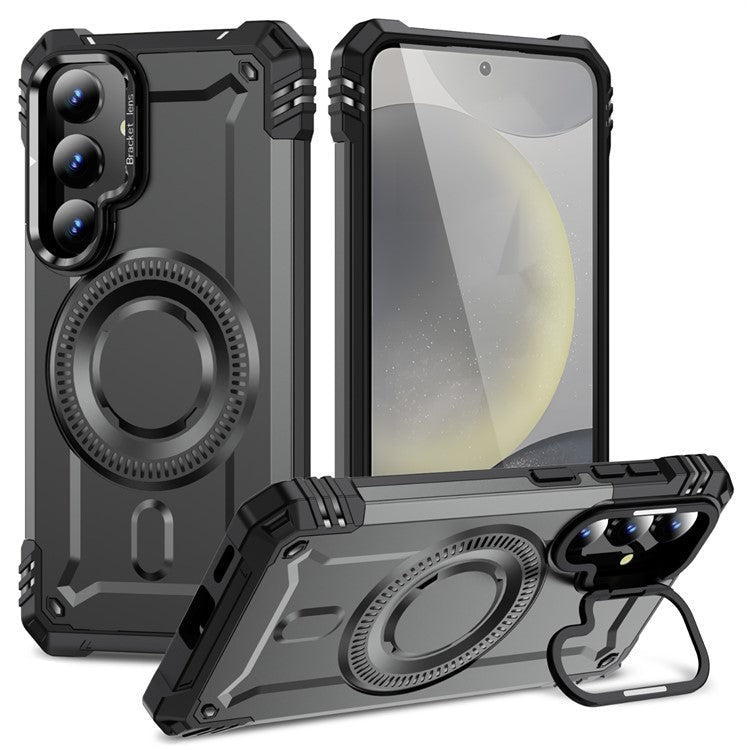 For Samsung Galaxy S25 / S24 Case Compatible with MagSafe Metal Lens Frame Kickstand PC+TPU Mobile Cover - Grey