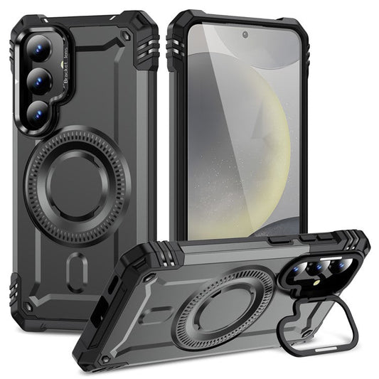 For Samsung Galaxy S25 / S24 Case Compatible with MagSafe Metal Lens Frame Kickstand PC+TPU Mobile Cover - Grey