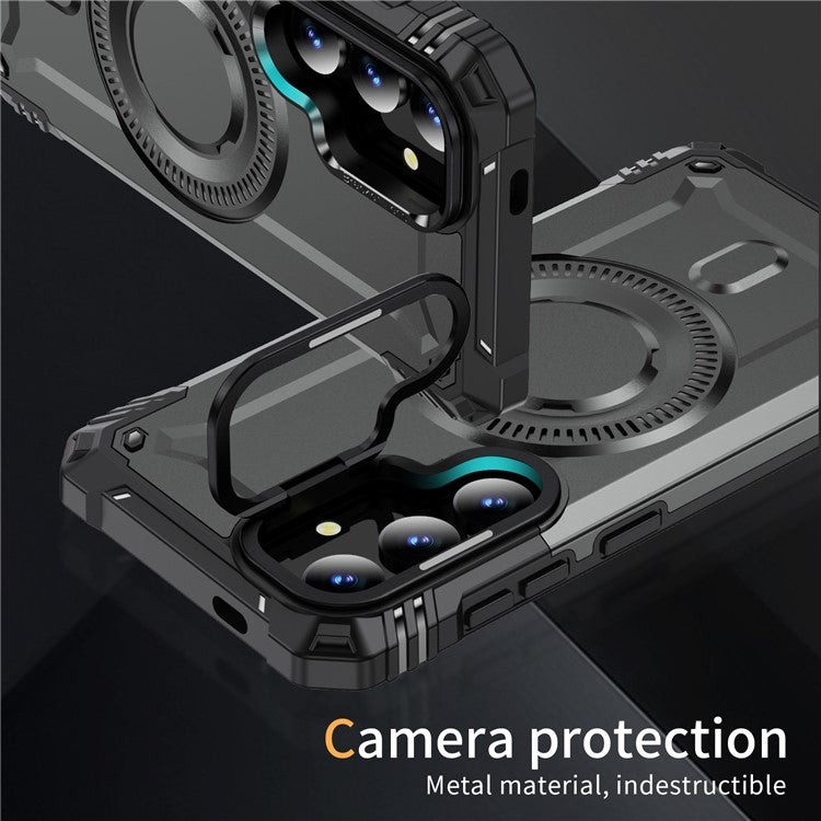 For Samsung Galaxy S25 / S24 Case Compatible with MagSafe Metal Lens Frame Kickstand PC+TPU Mobile Cover - Grey