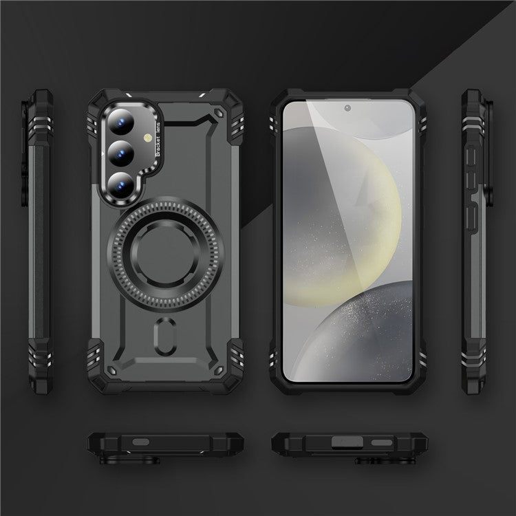 For Samsung Galaxy S25 / S24 Case Compatible with MagSafe Metal Lens Frame Kickstand PC+TPU Mobile Cover - Grey