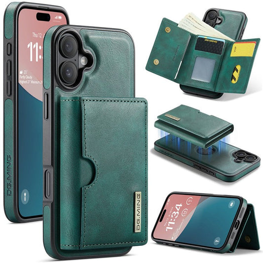 DG.MING M6 Series For iPhone 16 Plus Case Magnetic Wallet PU+PC+TPU Phone Cover - Green
