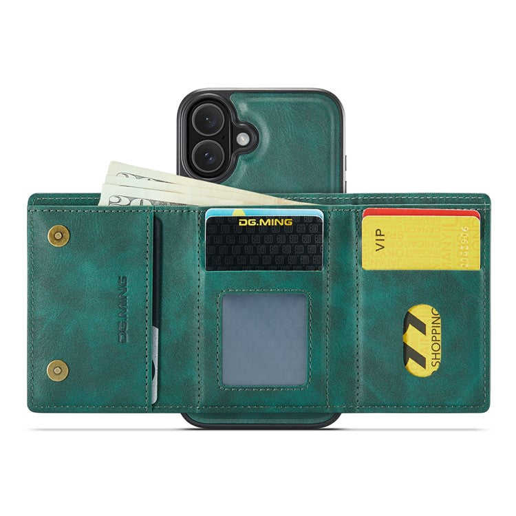 DG.MING M6 Series For iPhone 16 Plus Case Magnetic Wallet PU+PC+TPU Phone Cover - Green