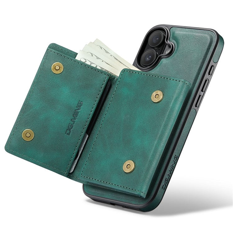 DG.MING M6 Series For iPhone 16 Plus Case Magnetic Wallet PU+PC+TPU Phone Cover - Green