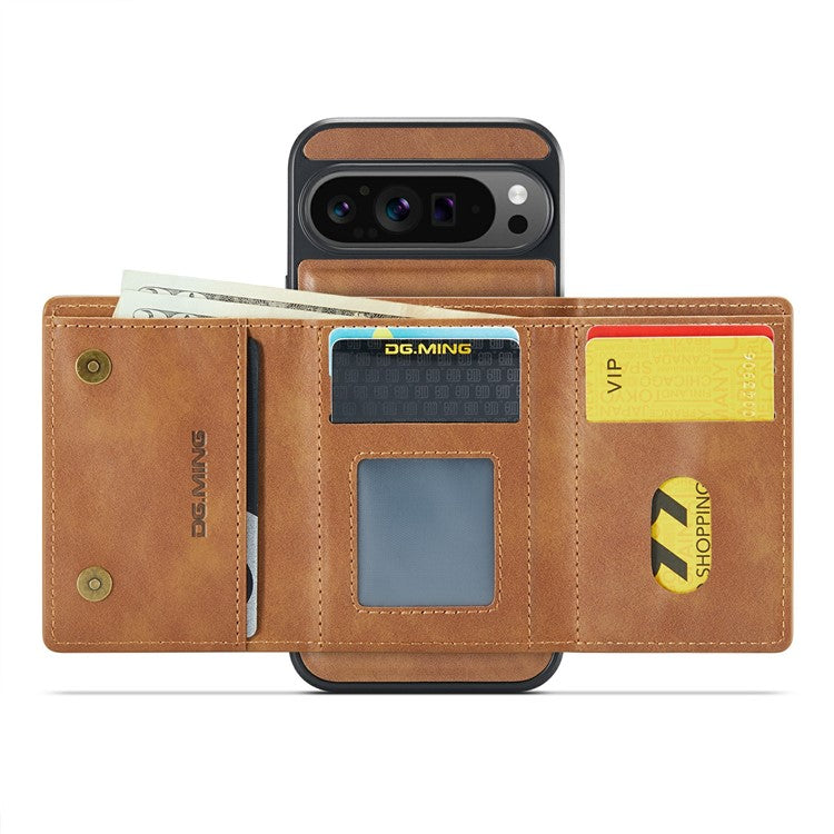 DG.MING M6 Series For Google Pixel 9 / Pixel 9 Pro Case Magnetic Wallet PU+PC+TPU Phone Cover - Brown