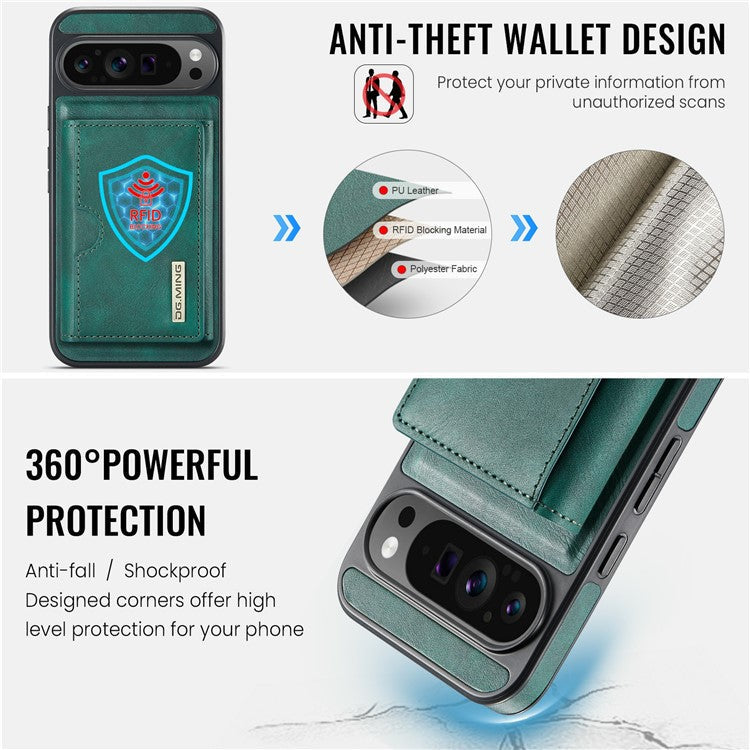 DG.MING M6 Series For Google Pixel 9 / Pixel 9 Pro Case Magnetic Wallet PU+PC+TPU Phone Cover - Green
