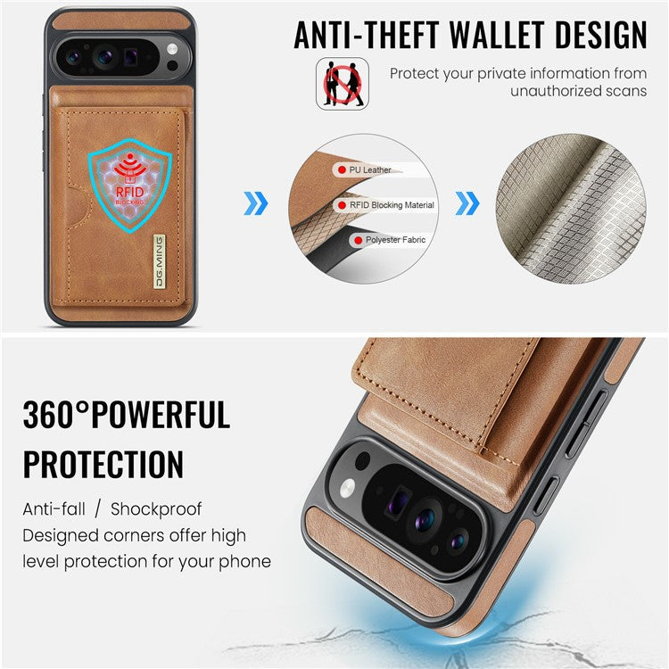 DG.MING M6 Series For Google Pixel 9 Pro XL Case Magnetic Wallet PU+PC+TPU Phone Cover - Brown