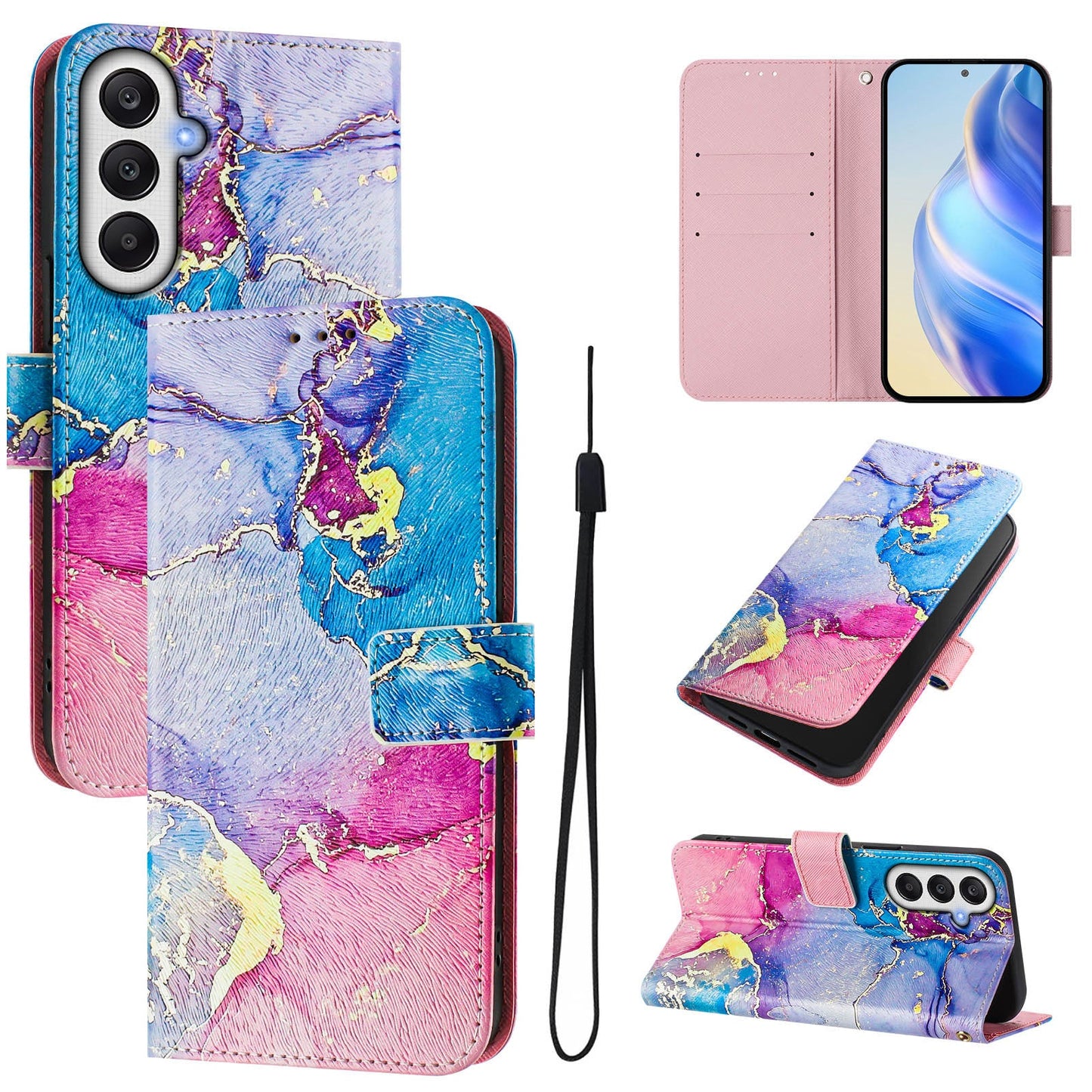 For Samsung Galaxy A15 5G / Galaxy A15 4G Case Pattern Printing Wallet Phone Cover with Strap - Multicolor Marble