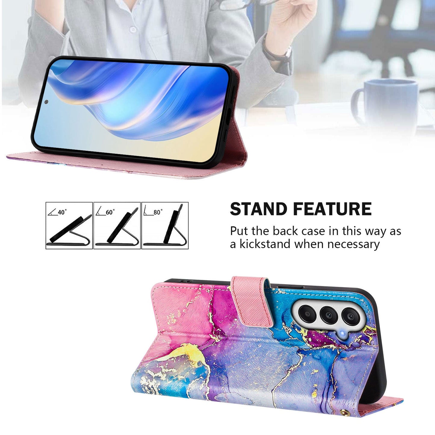 For Samsung Galaxy A15 5G / Galaxy A15 4G Case Pattern Printing Wallet Phone Cover with Strap - Multicolor Marble