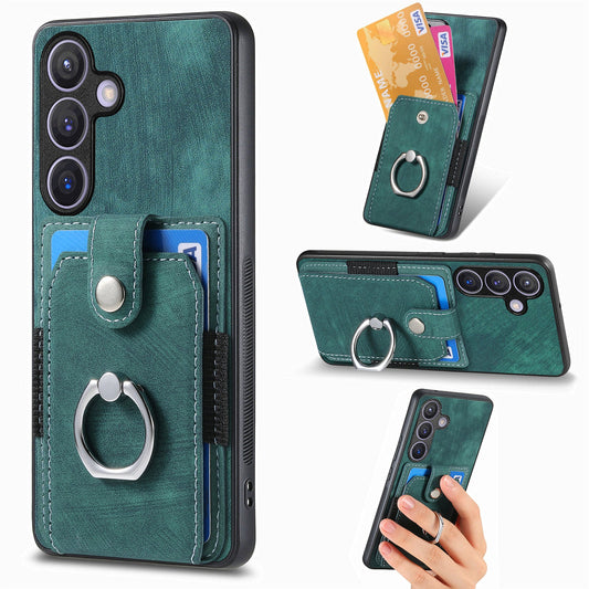 For Samsung Galaxy S25 Phone Case Leather Back Cover with Card Slots Kickstand - Green