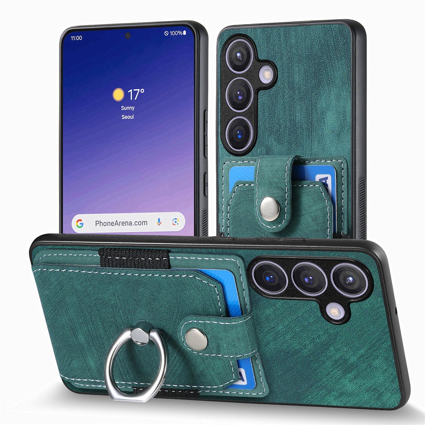 For Samsung Galaxy S25 Phone Case Leather Back Cover with Card Slots Kickstand - Green