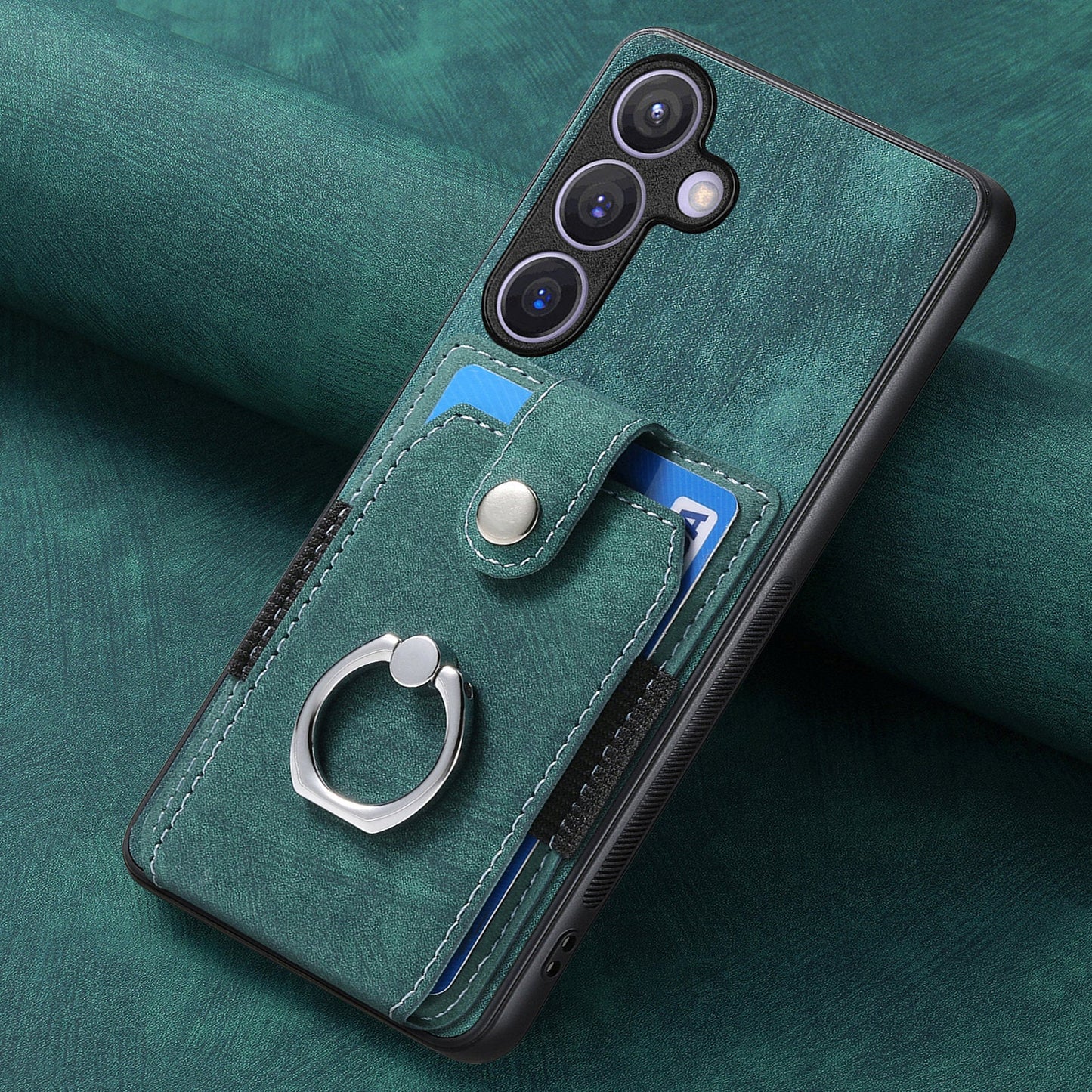 For Samsung Galaxy S25 Phone Case Leather Back Cover with Card Slots Kickstand - Green
