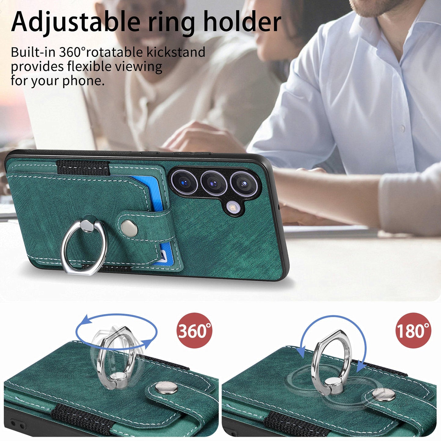 For Samsung Galaxy S25 Phone Case Leather Back Cover with Card Slots Kickstand - Green