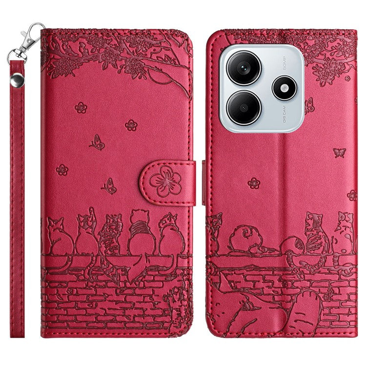For Xiaomi Redmi Note 14 5G Case with Wrist Strap Leather Phone Cover Wall Cats Pattern - Red