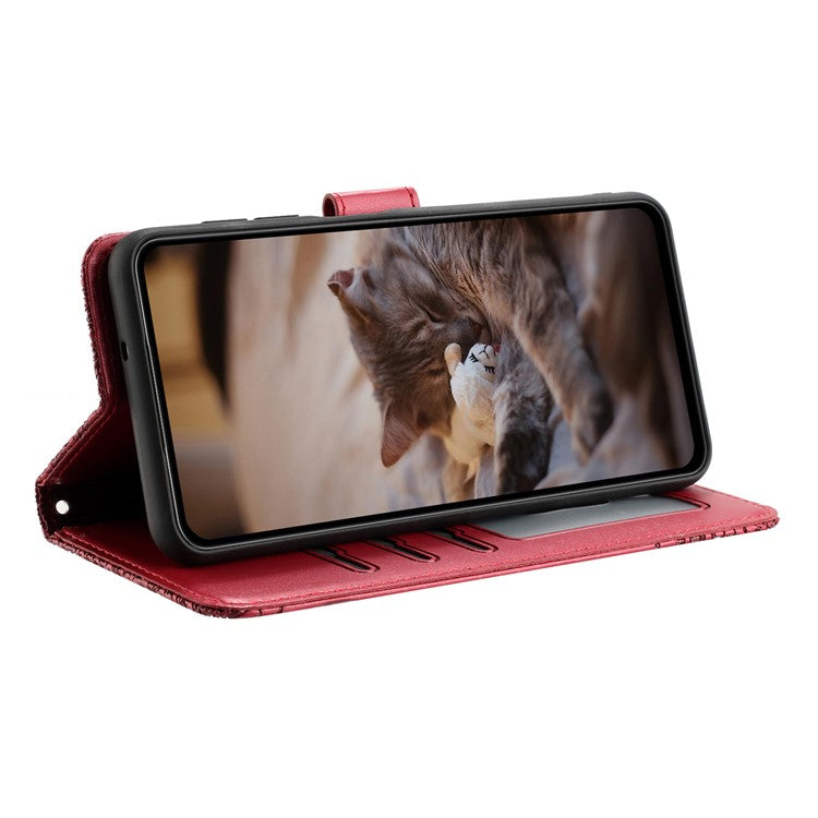 For Xiaomi Redmi Note 14 5G Case with Wrist Strap Leather Phone Cover Wall Cats Pattern - Red