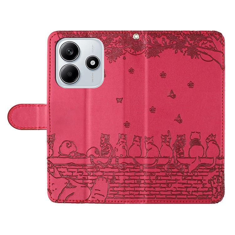 For Xiaomi Redmi Note 14 5G Case with Wrist Strap Leather Phone Cover Wall Cats Pattern - Red